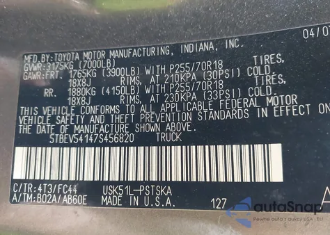 2007 Toyota Tundra Sr5 5.7L V8 из США, поврежденный, VIN 5TBEV54147S456820